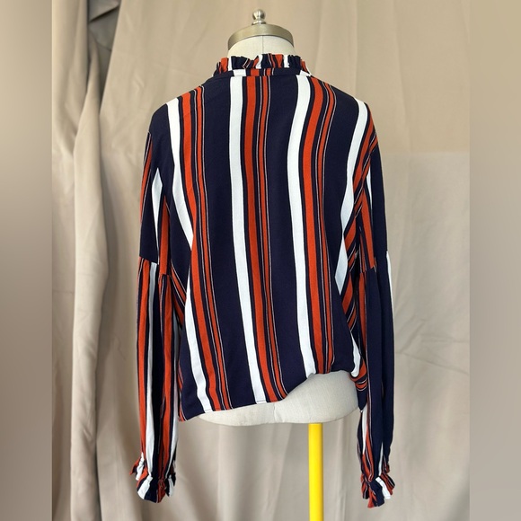 TULAROSA STRIPED SLEEVE ORANGE BLUE WHITE TIE FRONT BLOUSE LARGE - Picture 4 of 4